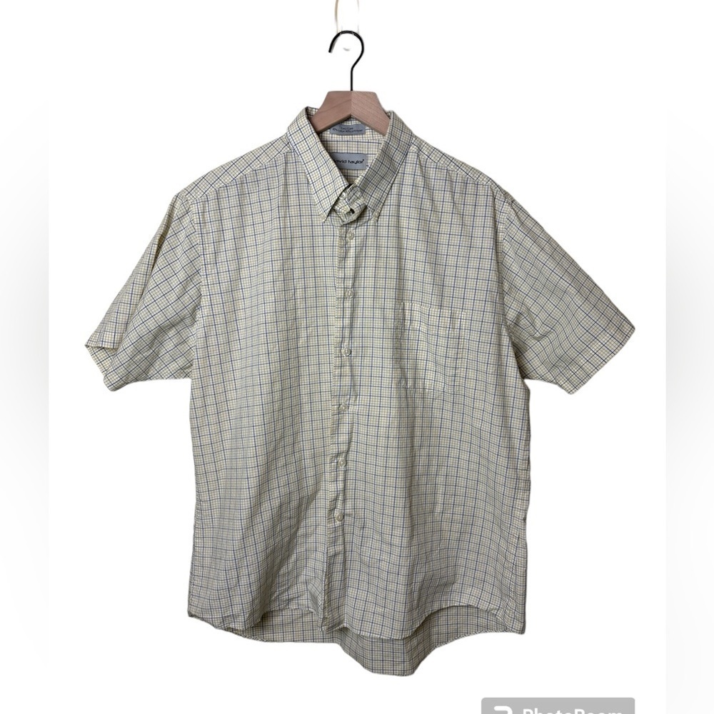 David Taylor Men’s Button Down Shirt Gold/Blue Plaid Short Sleeve Size Large